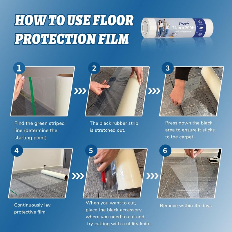 Yitech Yiech Carpet Protection Film 48" x 200' – Self-Adhesive Clear Plastic Carpet and Floor Protector, Extra-Wide Heavy-Duty Coverage for Large Areas, Tear-Resistant, Durable, Easy to Apply and Remove - Image 4
